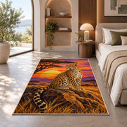 Leopard at Savanna Sunset Rug in a bedroom with an arched window