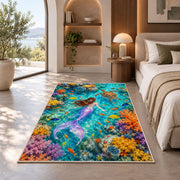 Coral Reef Mermaid Top View Rug in a bedroom with an arched window
