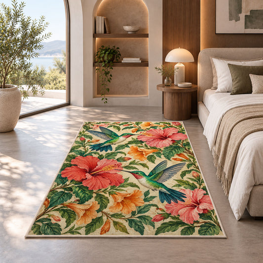 Hummingbirds and Hibiscus Rug in a bedroom with an arched window