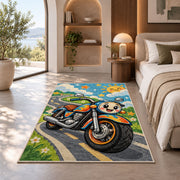 Cute Cartoon Motorcycle Kids Rug in a bedroom with an arched window
