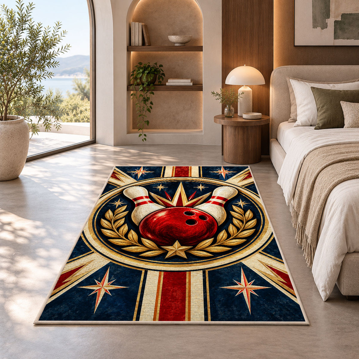 Classic Bowling Crest Rug in a bedroom with an arched window