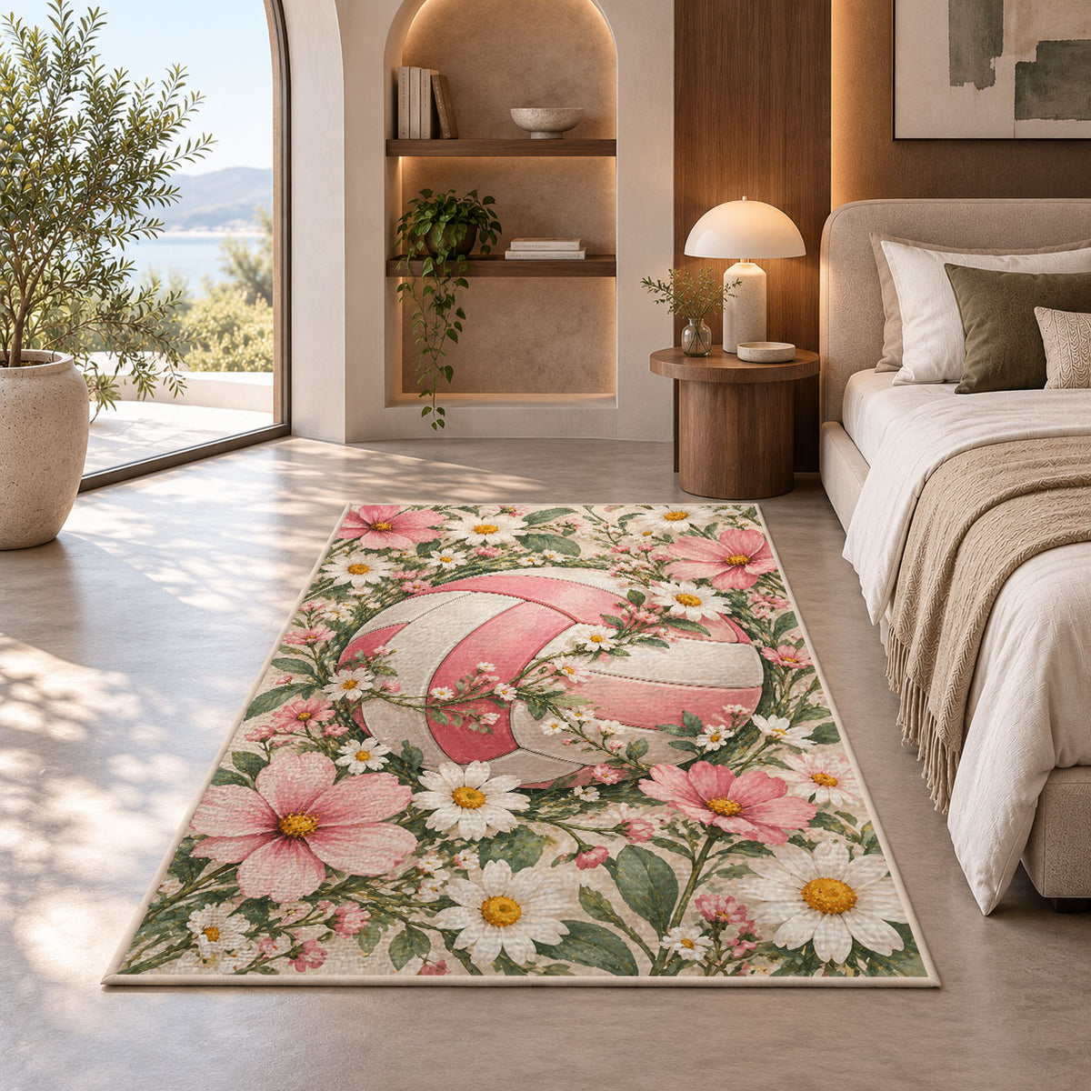 Volleyball and Wildflowers Rug in a bedroom with an arched window