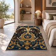 Heraldic Rearing Horses Rug in a bedroom with an arched window