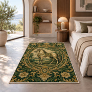 Vintage Engraved Horse Rug in a bedroom with an arched window