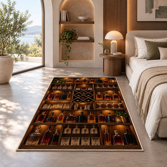 Home Bar Shelf Rug in a bedroom with an arched window