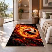 Flaming Volleyball Rug in a bedroom with an arched window