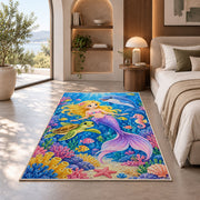 Mermaid and Ocean Friends Rug in a bedroom with an arched window