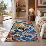 Japanese Wave Mermaid Rug in a bedroom with an arched window