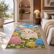 Sheep and Yarn Balls Rug in a bedroom with an arched window
