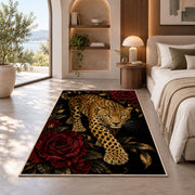 Leopard on Black with Roses Rug in a bedroom with an arched window