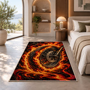 Flaming Motorcycle Wheel Rug in a bedroom with an arched window