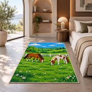 Horses Grazing by Fence Rug in a bedroom with an arched window