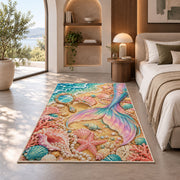 Mermaid Tail and Vanity Shells Rug in a bedroom with an arched window
