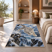 Leaping Snow Leopard Rug in a bedroom with an arched window