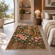 Horseshoe and Roses Rug in a bedroom with an arched window