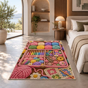 Crochet Supply Box Rug in a bedroom with an arched window