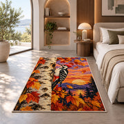 Woodpecker on Birch Rug in a bedroom with an arched window