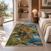 Leopard Drinking at Lake Rug in a bedroom with an arched window