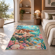 Mermaid Reading a Book Rug in a bedroom with an arched window