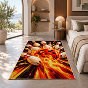 Flaming Bowling Ball Rug in a bedroom with an arched window