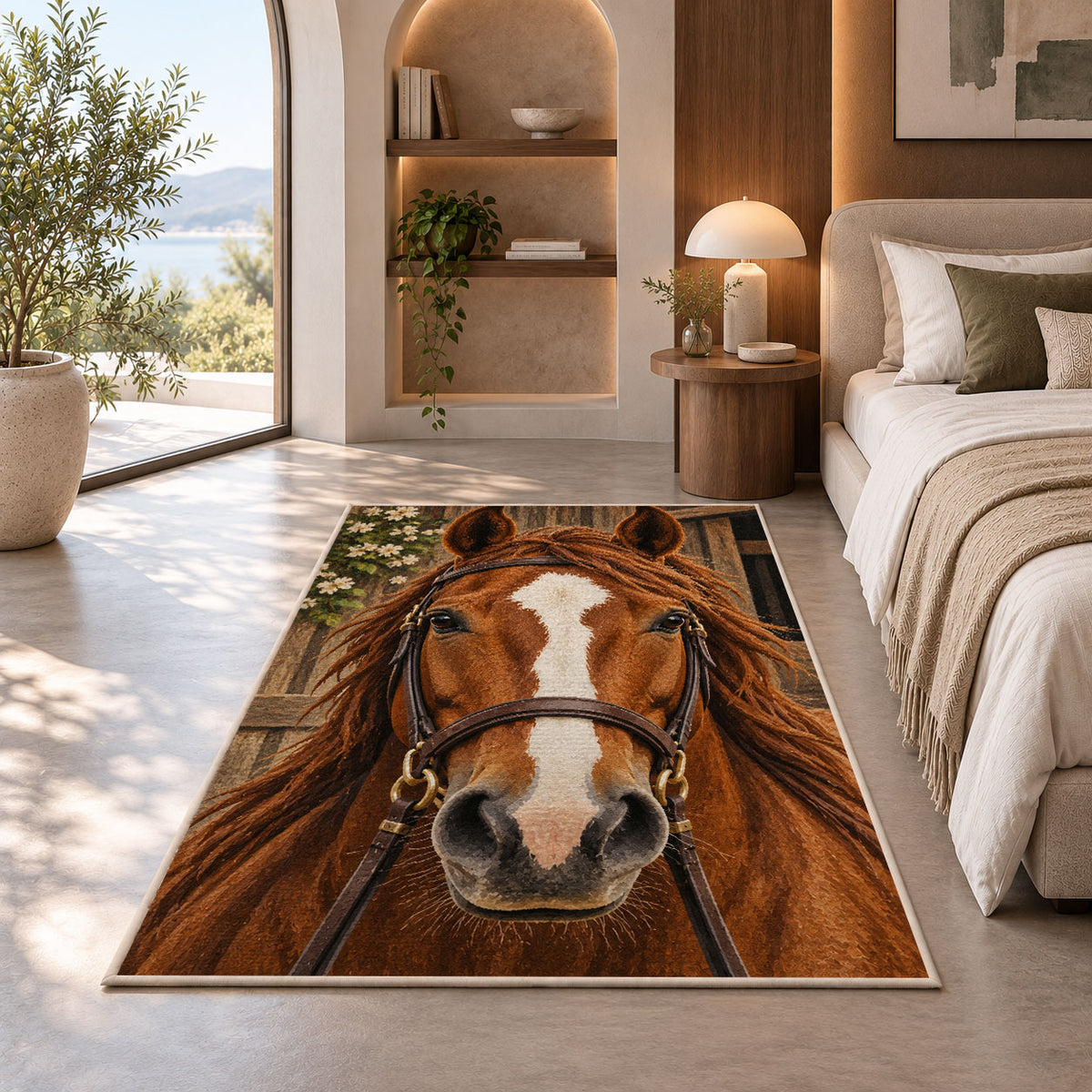 Horse Face Close-Up Rug in a bedroom with an arched window