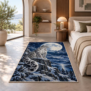 Snow Leopard Under Full Moon Rug in a bedroom with an arched window