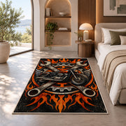 Motorcycle and Crossed Wrenches Rug in a bedroom with an arched window