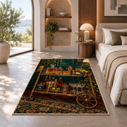 Vintage Bar Cart Rug in a bedroom with an arched window