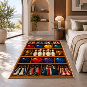 Bowling Gear Shelf Rug in a bedroom with an arched window