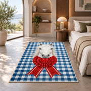 Gingham Horse and Rosette Rug in a bedroom with an arched window