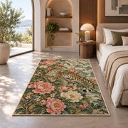 Chinoiserie Leopard and Peony Rug in a bedroom with an arched window