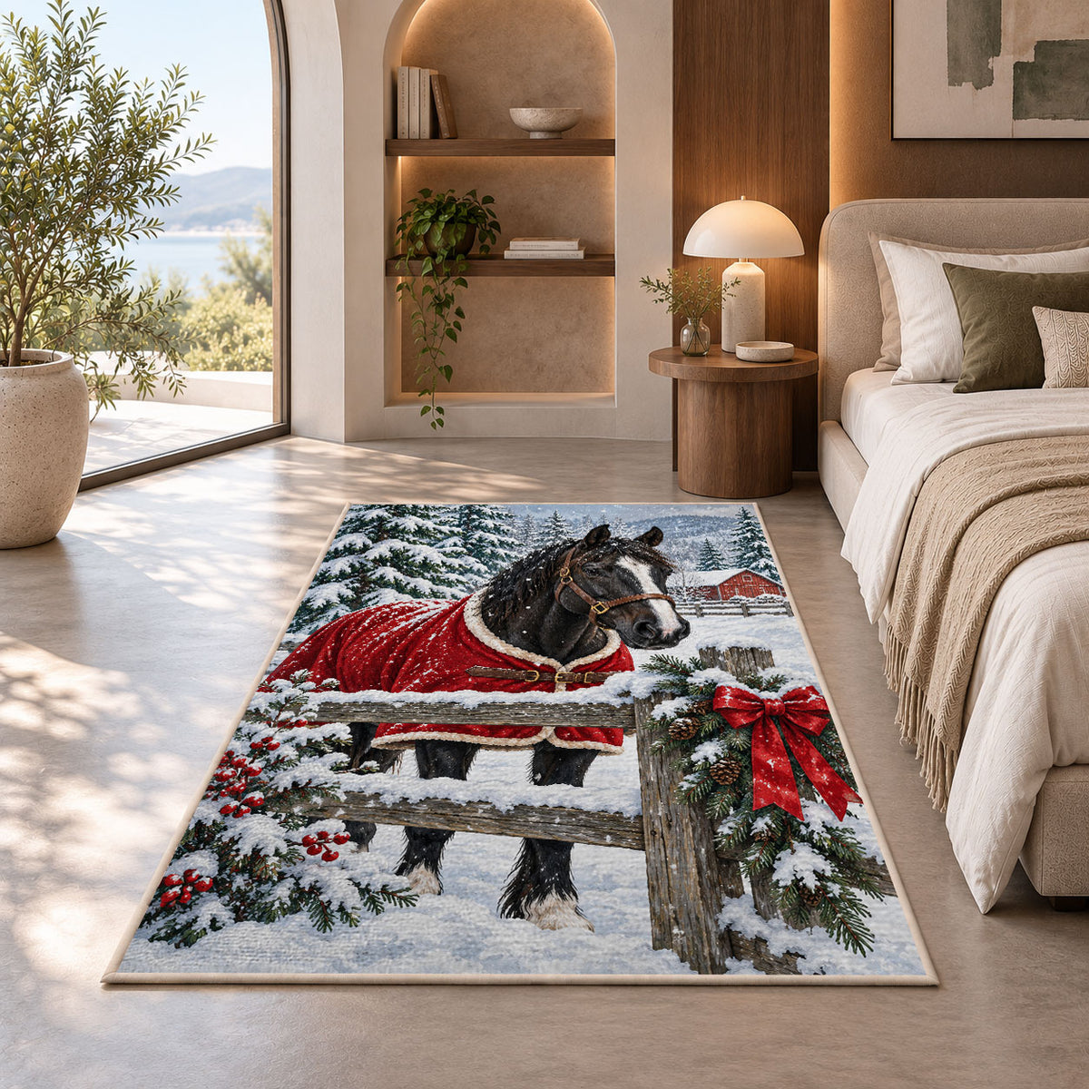 Horse in Winter Snow Rug in a bedroom with an arched window