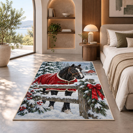 Horse in Winter Snow Rug in a bedroom with an arched window