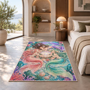 Three Mermaids and Shell Rug in a bedroom with an arched window