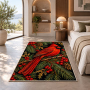 Cardinal on Black Rug in a bedroom with an arched window