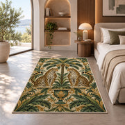 Twin Leopards and Palm Rug in a bedroom with an arched window