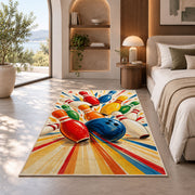 Colorful Falling Pins Rug in a bedroom with an arched window