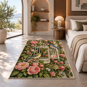 Vintage Birdcage and Roses Rug in a bedroom with an arched window