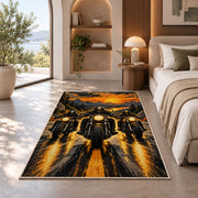 Three Riders Headlights Rug in a bedroom with an arched window