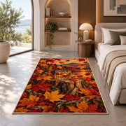 Whiskey and Maple Leaves Rug in a bedroom with an arched window