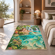 Tropical Lagoon Mermaid Rug in a bedroom with an arched window