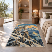 Retro Snow Leopard Poster Rug in a bedroom with an arched window
