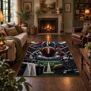 gridiron tunnel football design area rug displayed in a living room