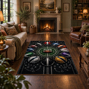 football strategy stadium collage area rug displayed in a living room