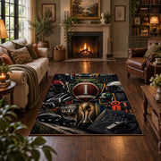 football gear championship collage area rug displayed in a living room