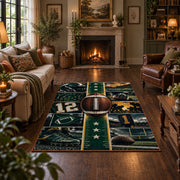 green gridiron jersey design area rug displayed in a living room