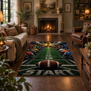football field goal line scene area rug displayed in a living room