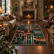 vintage football grid collage area rug displayed in a living room