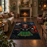 football equipment playbook collage area rug displayed in a living room