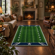 minimal green football field area rug displayed in a living room